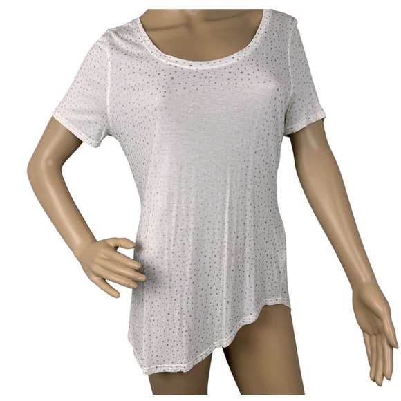 Juicy Couture  Sz M Metallic Gold Polka Dot  T-Shirt White Asymmetrical Hem - Picture 1 of 9